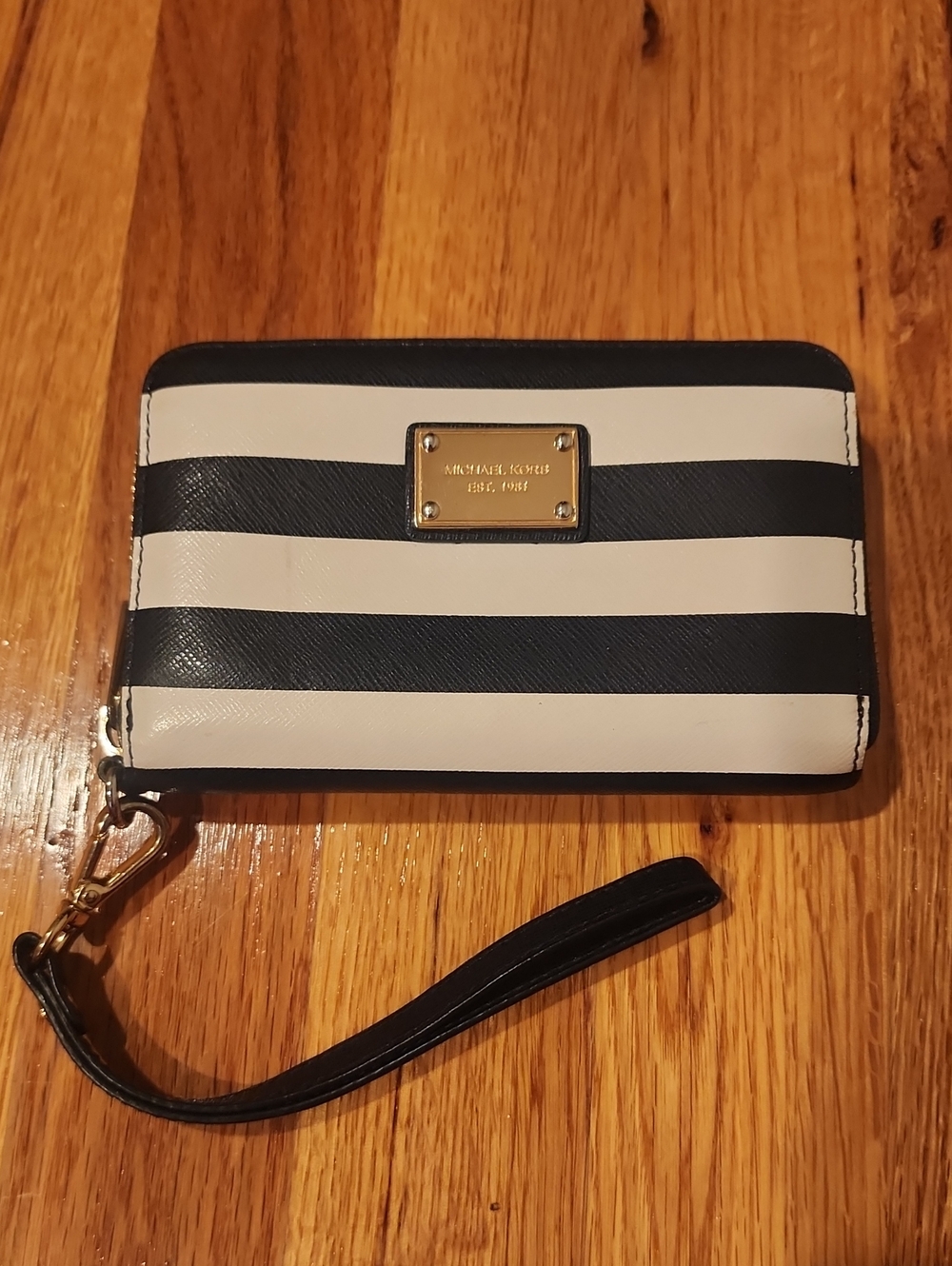 Michael Kors Navy & White Striped Wristlet Clutch with Gold Hardware